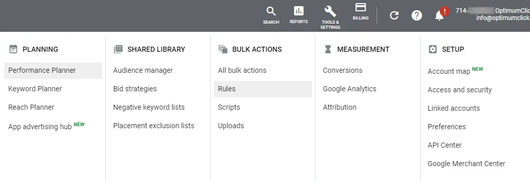 Google Ads automated rules menu