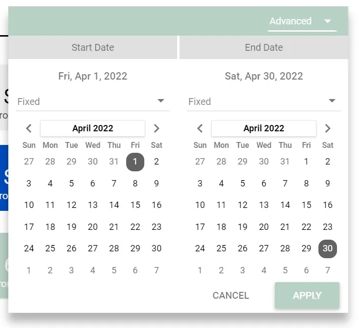 Calendar as an example of an interactive field used to select a date range for viewing data.