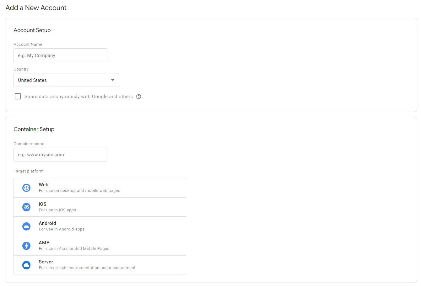 The view of the Google Tag Manager (GTM) account set up