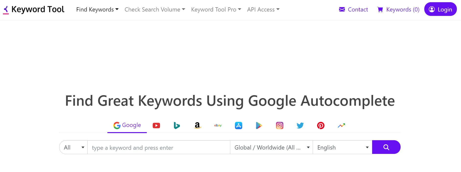 The landing page of keywordtool.io that has a huge database for keyword data to plan Amazon keyword strategy.