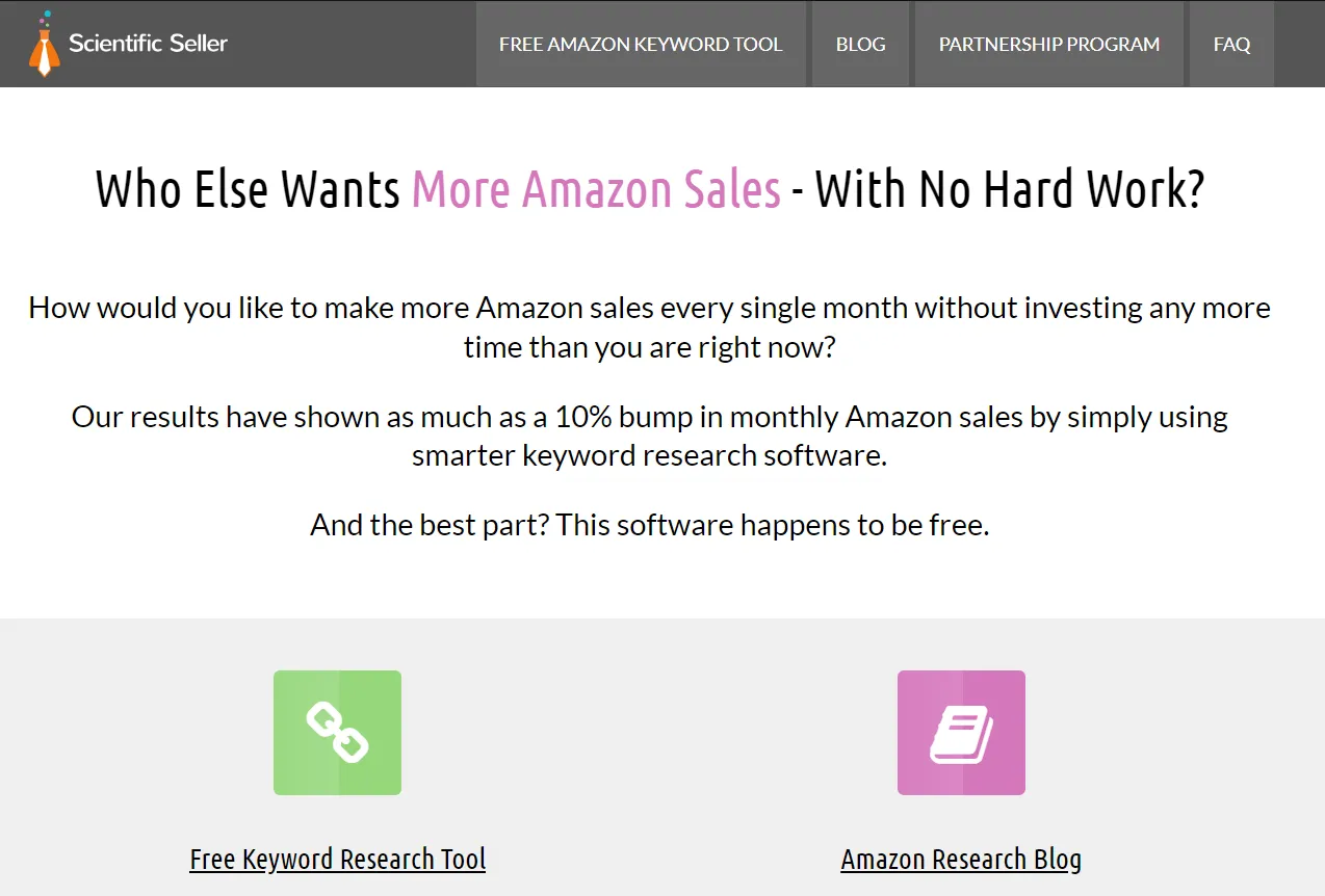 The landing page of Scientific Seller that is a free tool for Amazon keywords to boost sales.